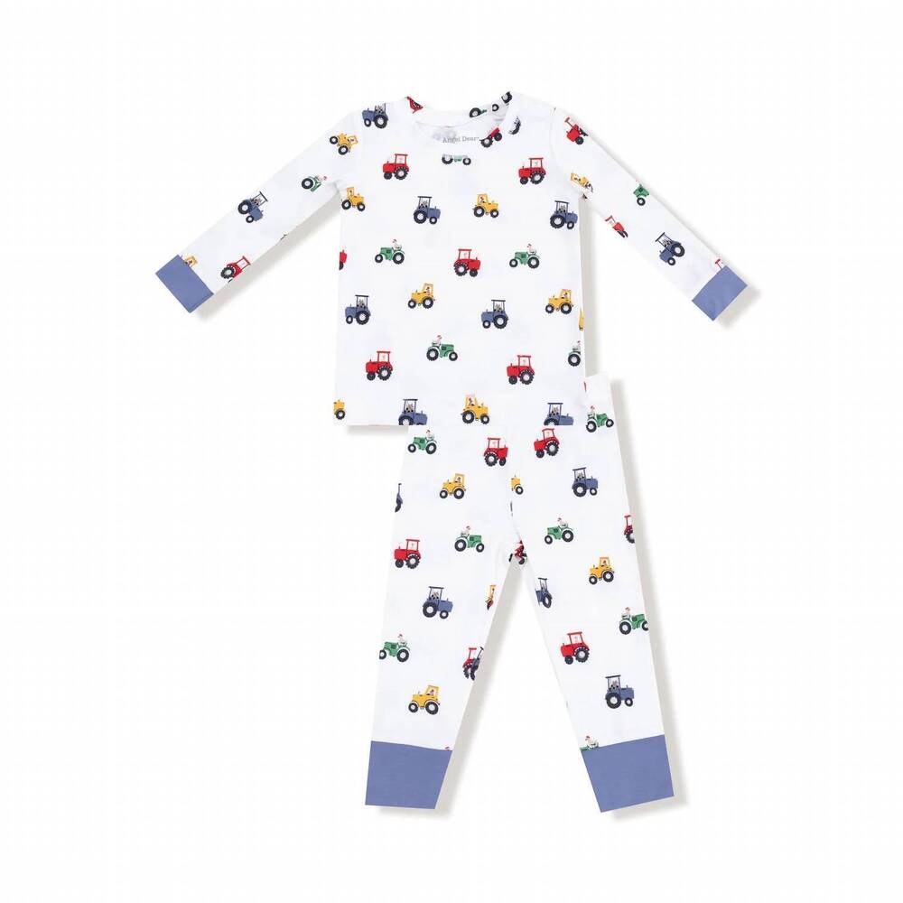 NEW ANGEL DEAR boys mini tractors long sleeve loungewear set in white/blue